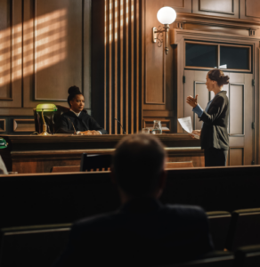Defense attorney arguing a case before a judge