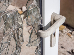 Door with broken glass after a burglary
